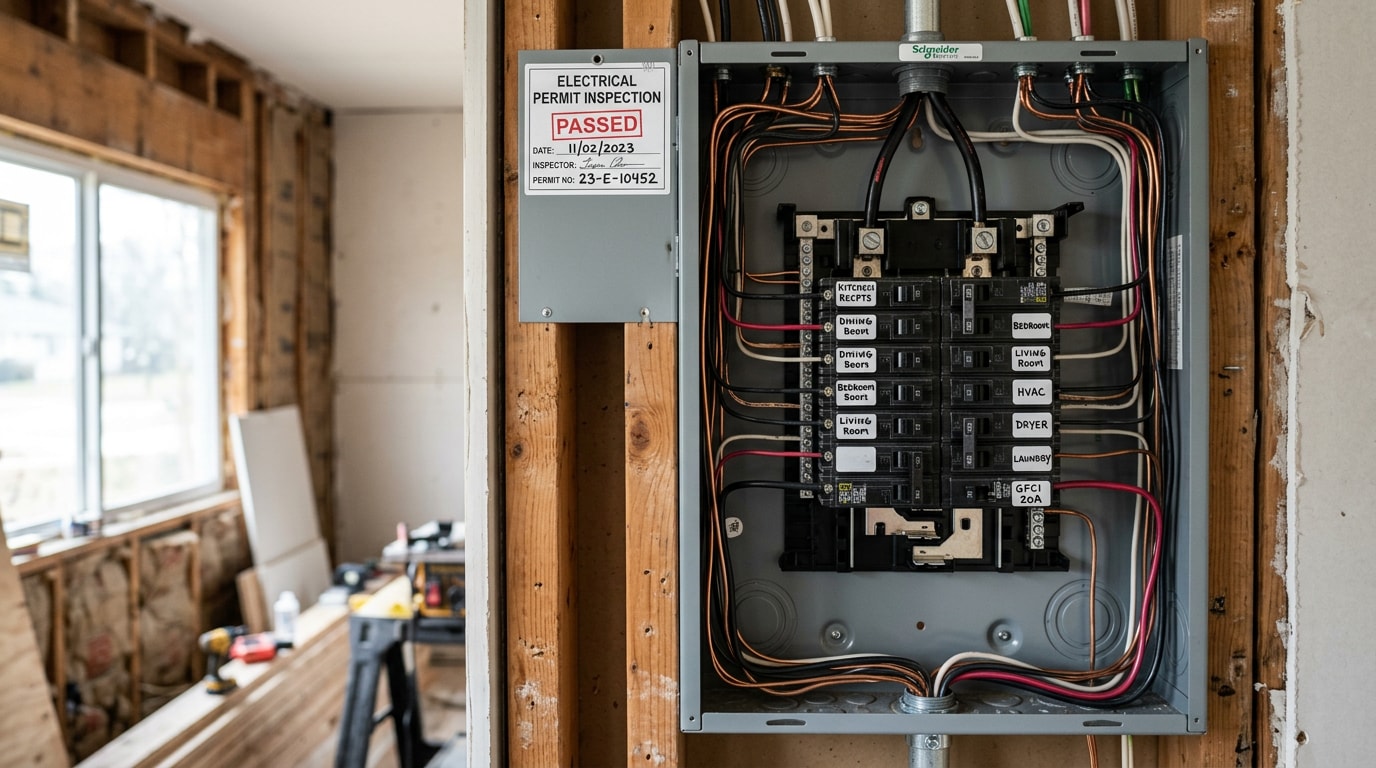 Open residential electrical panel with labeled circuit breakers during a home renovation Open residential electrical panel with labeled circuit breakers during a home renovation