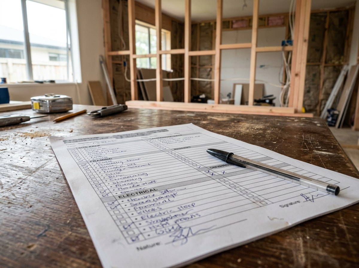 General contractor and homeowner reviewing a construction contract checklist on a table
