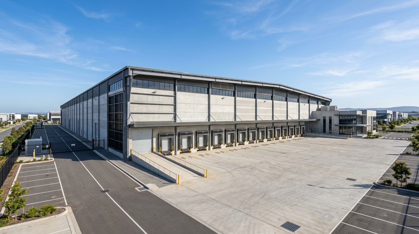 Modern warehouse building exterior with loading dock doors Modern warehouse building exterior with loading dock doors